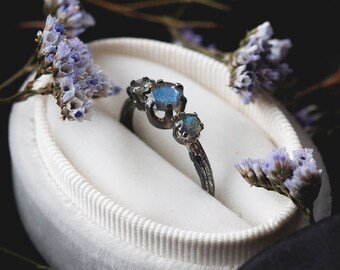 Labradorite twig engagement ring, Labradorite engagement ring, three stone ring