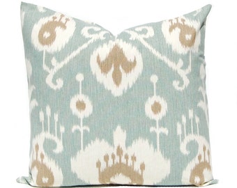 Decorative Throw Pillow Covers - Seafoam Green Pillows - 18 x 18 Ikat Pillow Covers - Aqua Pillows with Brown - Same Fabric Front and Back