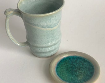 Lidded Handmade Green Stoneware Ceramic Mug, Ceramic Green Glass Coaster and Lid