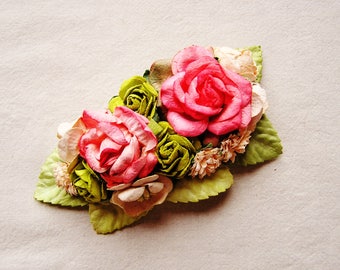Cherry pink lime pale peach painterly mixed bunch Handmade Roses Vintage style Millinery flower corsage