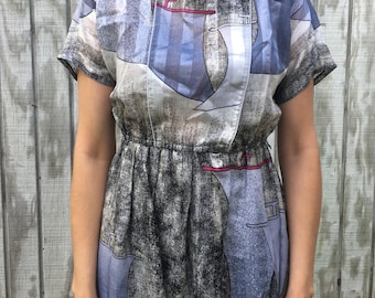 Vintage 80s Printed Midi Silk Dress