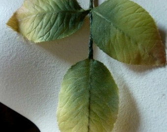 SALE 12 Green Leaves Silk Millinery Leaves Vintage German in Green & Gold for Bridal, Halos, Wreaths, Costumes
