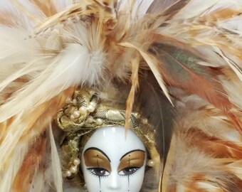 Vintage porcelain Harlequin jester carnival doll feather hat