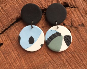 Blue and moss green abstract dangle earring