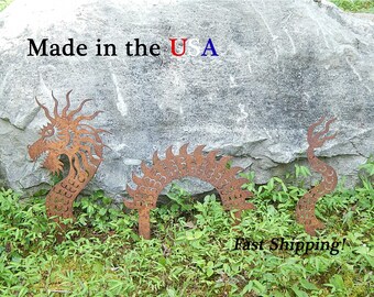 Dragon Garden Stake, 3 Piece Set, Yard Art, Outdoor Decor, Garden Art, Dragon Decor, Chinese Dragon, Rustic Decor, RA1020