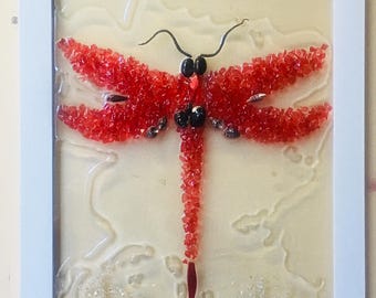Red Dragonfly Sea glass Frame