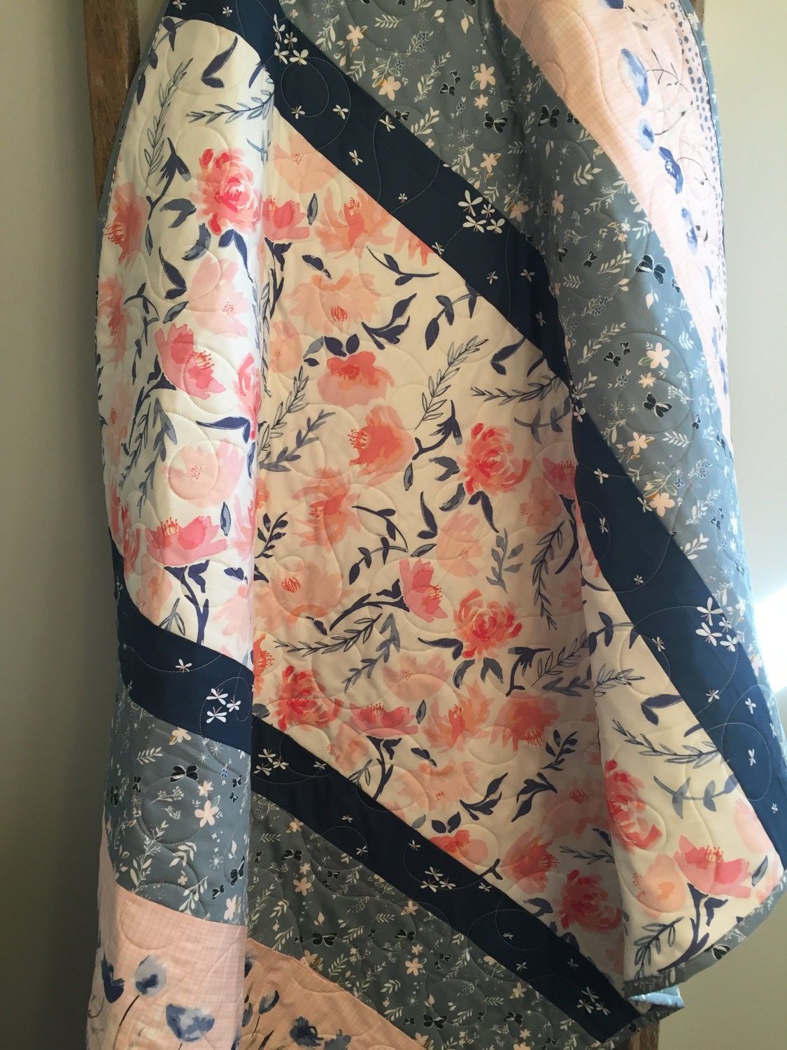 Watercolor floral baby quilt baby girl bedding pink coral