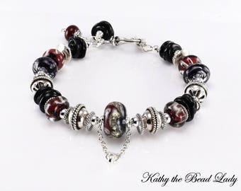 Lampwork Bracelet - Lampwork Red Black and Silvered Ivory Bali Silver Bead Bracelet - KTBL