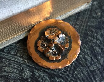 Vintage Round Copper Flower Brooch Pin
