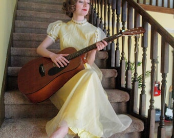 Yellow and White Vintage 60's Maxi Dress Short Sleeve Petite Gown Empire Waist