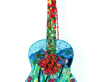 Mixed Media Mosaic, Field of Poppies Guitar, OOAK Mosaic Art Guitar