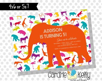 Printable Polkadot Colorful Zoo Jungle Animals Party Birthday Invitation- Digital File