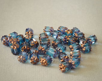 6 mm, blue cathedral czech glass beads with golden ends, fire polished round, 9 pcs