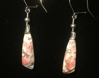 Laguna lace agate, pearl and Sterling silver earrings
