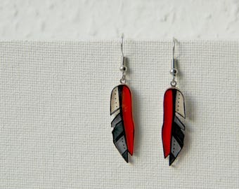 Feathers dangle earrings, bird feather jewelry, illustrated jewelry
