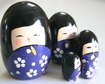 Blue Kokeshi Russian Dolls - 1 set of Nested Matryoshka Wooden Japanese Kokeshi doll