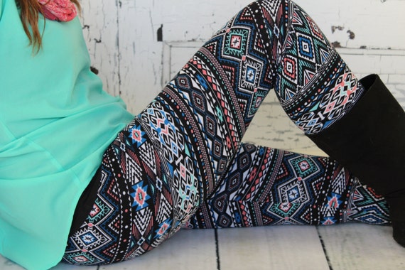 Royal Blue Coral and Mint Aztec Leggings in Teen to