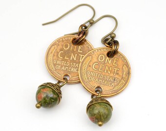 Wheatie penny earrings, French hooks, green ocean jasper, brass, dangle