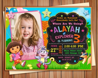 Dora the explorer Birthday photo Invitation, chalkboard Invitation, Printable Dora The Explorer, Custom Invite, free card thanks!