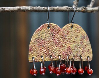 Rustic artisan earrings, Artisan copper jewelry, Dangle copper earrings, Stone earrings, Gold patina earrings, Sterling silver hooks, Gift