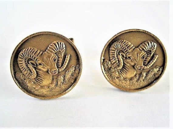 Aries Zodiac CuffLinks, Pat 2974381, Rams Head Cufflinks, 50's Mid Century Gold Tone