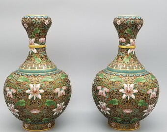 8.5" Pair of Vintage Chinese Cloisonne Garlic Head Vases Lotus Flowers