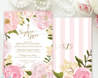 Baptism Invitation Girl Floral, Christening Invitation Girl, Dedication Invitation Girl, First Communion Invite Girl, Blush Pink White Grace