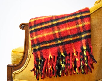 Vintage Red, Yellow, and Black Faribo Tartan Plaid Fringe Blanket