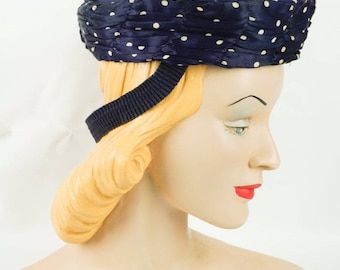 1940s Vintage Tilt Hat Navy Blue with White Polka Dots Sz 22 1/2