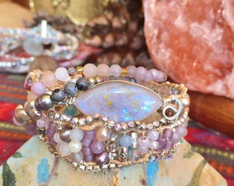 Quartz Moonstone Crystal Labradorite Beaded Bracelet Wirewrapped Bracelet Woven Ethnic Three Strand Bracelet Boho Bracelet Gypsy Hippie Lux