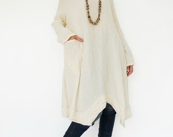NO.201 Cream Double Cotton Gauze Long Sleeves Tunic Dress, Boat-Neck Dress, Stitch Detail Tunic, Women's Tunic