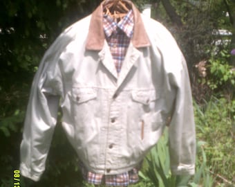 Men's Vintage Gap Khaki Jacket with Leather Collar and Trim, size Lg., Men's Fall Jacket Lg, Men's Cotton Jacket