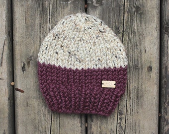 Purple and Heathered oatmeal colorblock chunky knit baby hat
