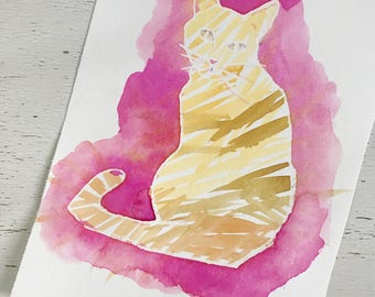 Original Watercolor and gouache painting of an orange cat