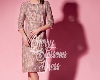 Pink dress/ boucle dress/ Midi dress/ Mid length dress/ Tea length dress/ Long sleeve dress/ Plus size dress/ Spring dress/ 064.221