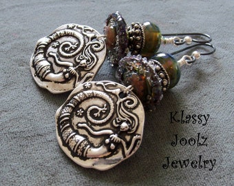 Pewter and Glass Lampwork Earrings-Sterling Silver Earrings-Mermaid Earrings-Nautical Earrings-Beach Style-Organic Earrings-Tribal Earrings