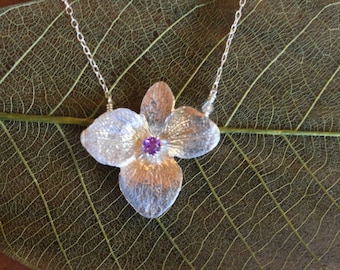 Sterling Silver Hydrangea Flower Necklace with Amethyst