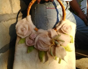 felted bag,handmade,wool,bag with white roses,flowers,felted flowers,