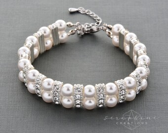 Bridal Pearl Bracelet Cuff Two Strand Wedding Jewelry Swarovski Pearl Cubic Zirconia Classic B04