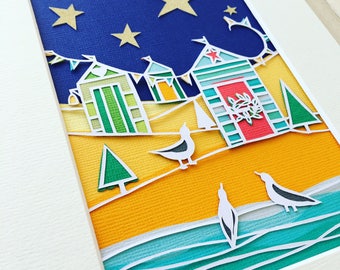 Beach hut art, papercut art, seaside picture, coastal decor, festive art, christmas papercut, christmas gift art, beach lover gift, nautical