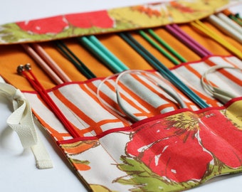 Knitting Needle Organizer, Knitting Needle Case, Knitting Needle Roll, Vintage Orange Floral by Knotted Nest