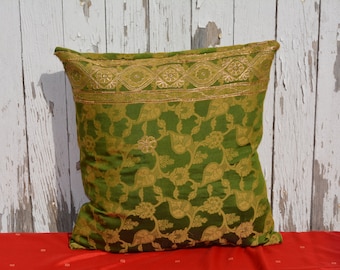 Green and Gold Sequined Saree Pillow