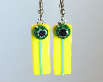 Earrings Dangling Bright Yellow Green and Blue Glass