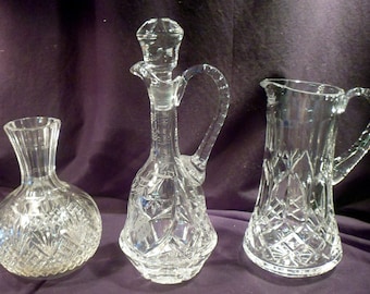 Collection 3 Cut Crystal Pieces: Carafe, Pitcher, and Decanter, All Excellent Condition