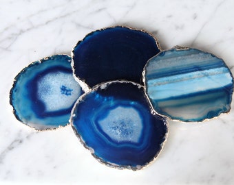 Blue Agate Coasters Set of 2 or 4 or 6 Gold Plated / Purple Agate Slice / Geode Coasters / Gold Rimmed Coasters / GIFT Packaging Available