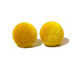 CUTE YELLOW VELVET Earrings, Yellow Studs, Fabric Studs, Button Earrings, Gift For Her, Mothers Day, Button Earrings, Yellow Velvet #H081