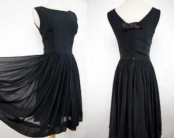 Silk Chiffon Dress 1960s Black Fit and Flare Party Wide Skirt Sleeveless Pintucking Small