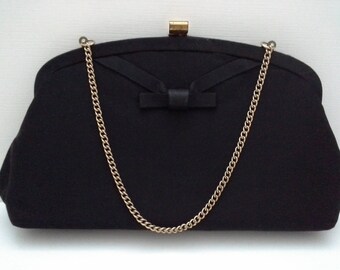 Vintage Black Clutch, Black Evening Bag, Black Bow Clutch, Black Fabric Clutch, Black Formal Purse, Black Formal Bag, Fabric Evening Bag