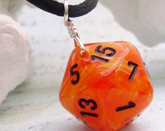 Orange Dice Necklace - Orange Swirl D20 Dice Pendant Twenty Sided Dice Jewelry - Geeky Gamer Jewelry