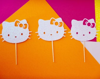 12 Hello Kitty Toppers Birthday, Hello Kitty Cupcake Toppers, Hello Kitty Party, 1st Birthday, Cat Theme Party, Cat Toppers
